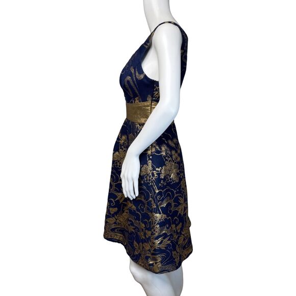 Anthropologie Eva Franco Dress Womens 2 Blue Gold Floral ShangriLa Kora Jacquard - Picture 3 of 9